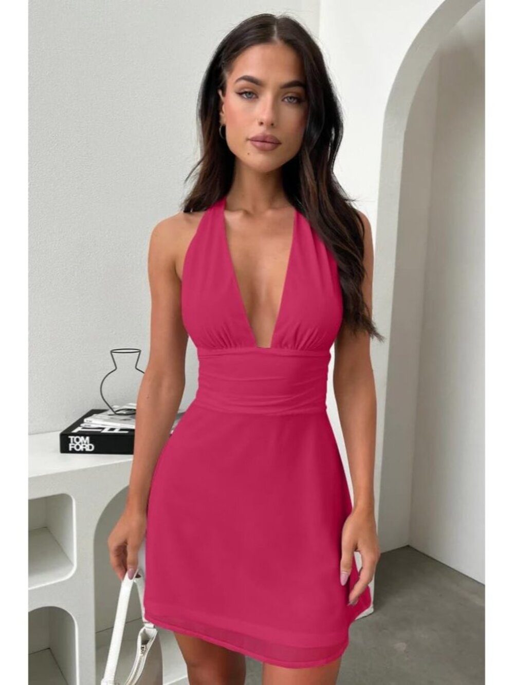 Women's Rose Halter Deep V Neck Flowy Chiffon Bow Tie Backless Mini Dress - Picture 2 of 6